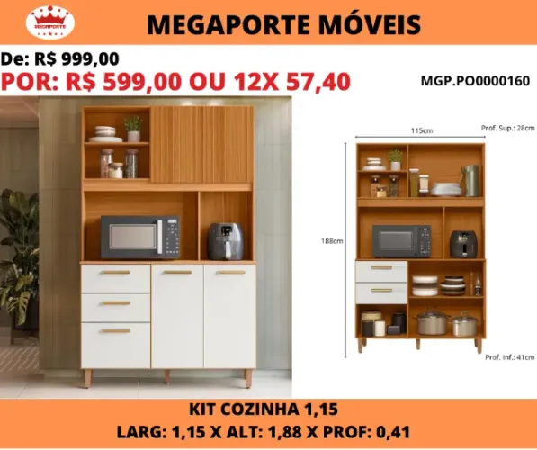 Kit Cozinha 1,15 com 5 Portas 2 Gavetas