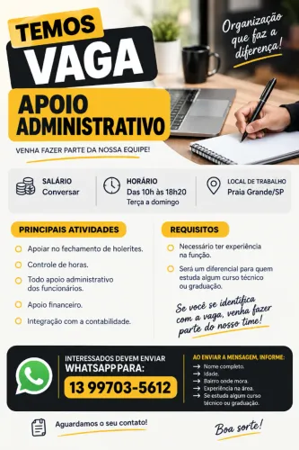 Vaga para Apoio Administrativo - Praia Grande/SP | CLT
