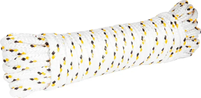 Corda multifilamento trançada 10,0 mm x 20 m, branca com detalhes em preto e amarelo, cart