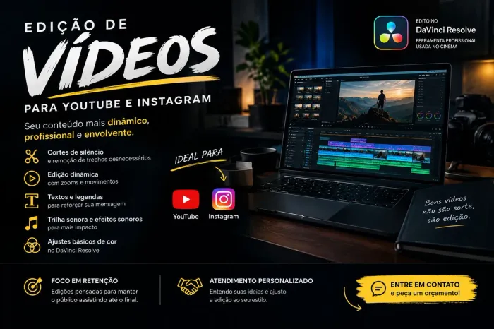 Edição de video Vlogs, vídeos curtos Instagram YouTube