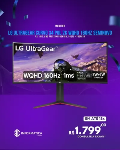 MONITOR LG ULTRAGEAR CURVO 34 POL 2K WQHD 160HZ SEMINOVO