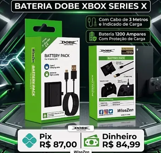 Bateria Dobe 1200Amh Para Xbox S/X Com Cabo de Nylon 3 Metros Indicação Carga. Cabo PS3