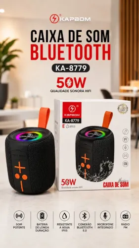 Caixa de Som Bluetooth 50W Potente Kapbom C/ LED e Rádio FM