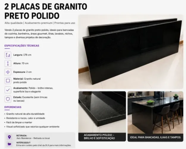 2 Placas de Granito Preto Polido - Excelente Estado | 178 x 70 x 2 cm