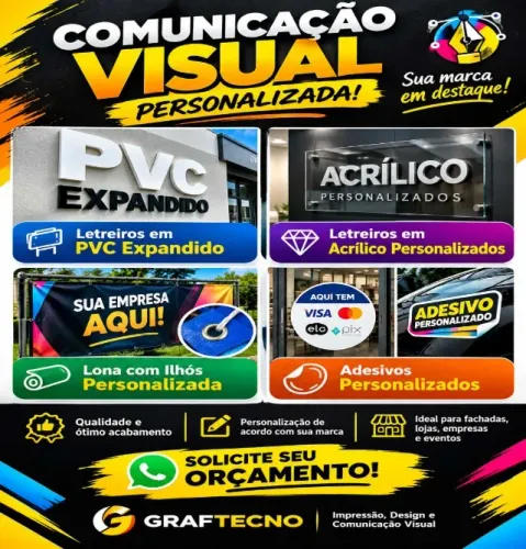 comunicação visual letreiro pvc expandido ou acrilico, lona com ihos, adesivo