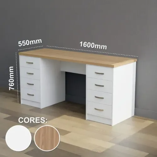 Mesa escritório off white com gavetas em mdf