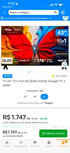 TV 43 POLEGADAS TCL Full HD QLED