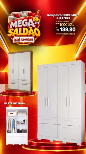 Roupeiro 100% MDF 4 Portas