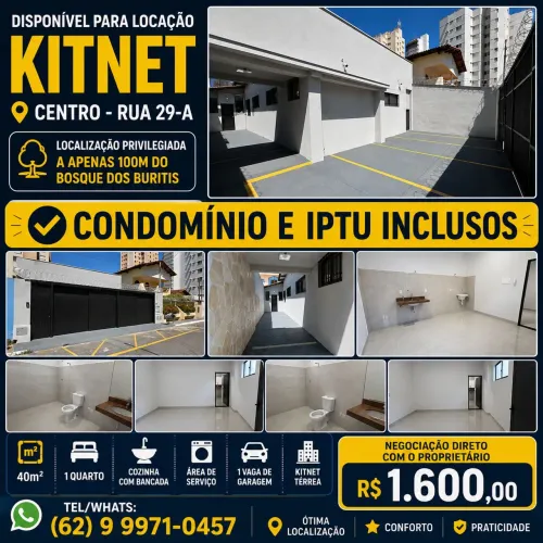 Apartamento térreo p/ aluguel, centro, goiania, 1 qto NOVO, a 100m do bosque dos buritis