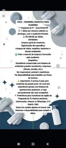 VAGA DIARISTA PARA ACADEMIA FREGUESIA DO Ó