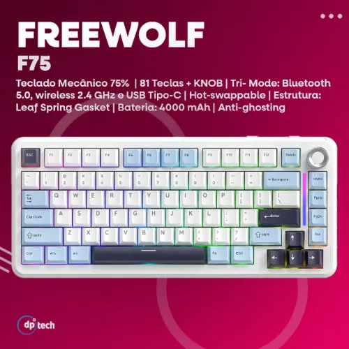 Teclado Mecânico Sem Fio FREEWOLF F75 | 75% | Tri-Mode | 4000 mAh | RGB -Entrega Grátis-