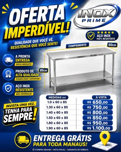 Mesas em inox a partir de 650,00