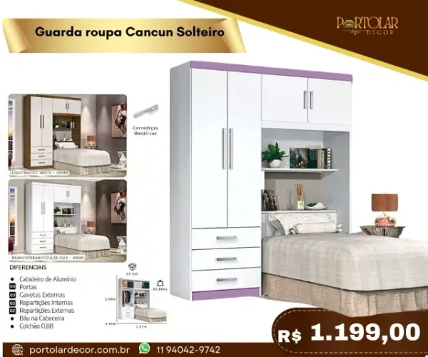 Guarda roupa Cancun solteiro a pronta entrega