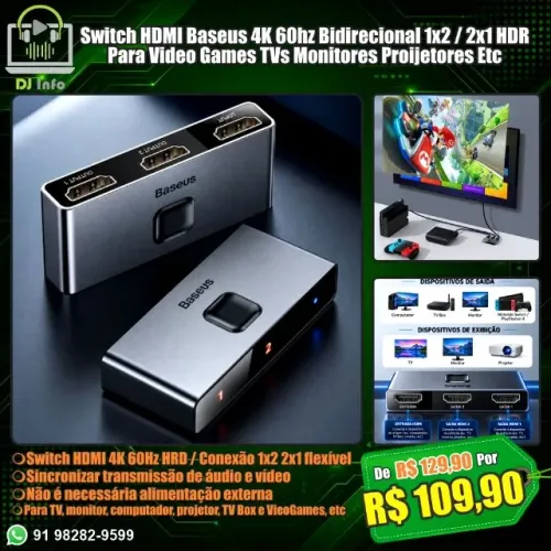 Switch HDMI Baseus 4K 60hz Bidirecional 1x2 / 2x1 HDR Para Video Games TVs Monitores Etc