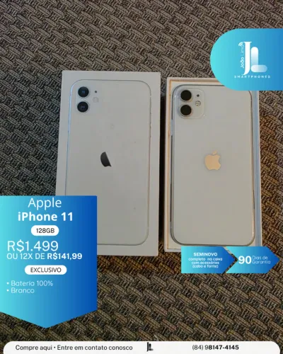 IPHONE 11, 128GB, BRANCO, SEMINOVO, BATERIA 100%, EXCLUSIVO!