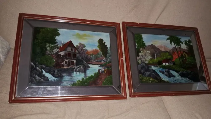 Quadros antigos de paisagem,53×43cm com vidro e moldura.
