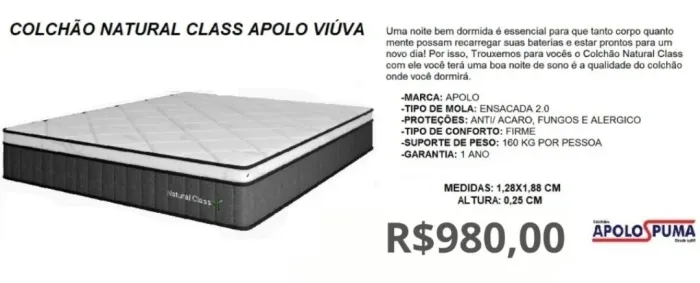 COLCHÃO DE VIUVA MOLAS APOLO ESPUMAS 128X188X25