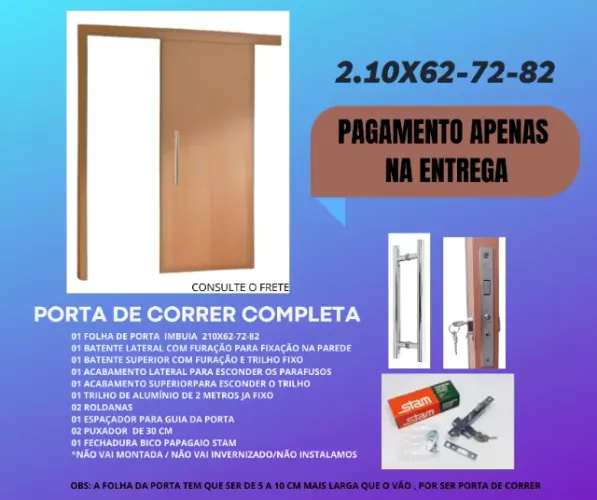 Kit p/ Porta Correr Trilho Alumínio acabamento eucalipto  35x35 210x80