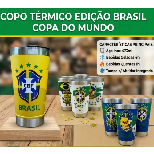 Copo Termico 473ml Personalizado Brasil Com Abridor integrado e Tampa - Tema Copa do Mundo