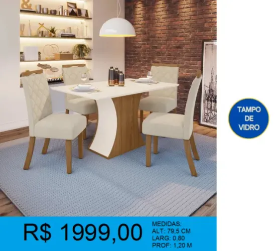 Mesa Star com tampo de vidro e cadeiras com pés maciço- Entrega e montagem inclusa