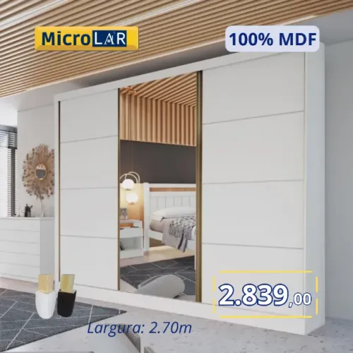 Guarda Roupa de Casal 100% MDF com Espelho 2,70m Largura - Entrega e Monta na Hora