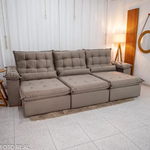 Sofá Retrátil Reclinável Emanuelly 3.20m Veludo Capuccino rf98