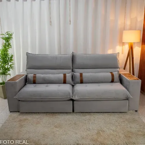 Sofá Retrátil Reclinável Ravello Veludo Prata Molas Ensacadas