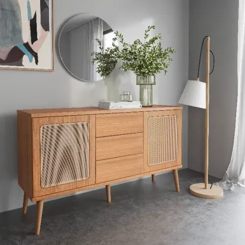 BUFFET 100%MDF COM PORTAS LATERAIS 3 GAVETAS E PÉS EM MADEIRA 