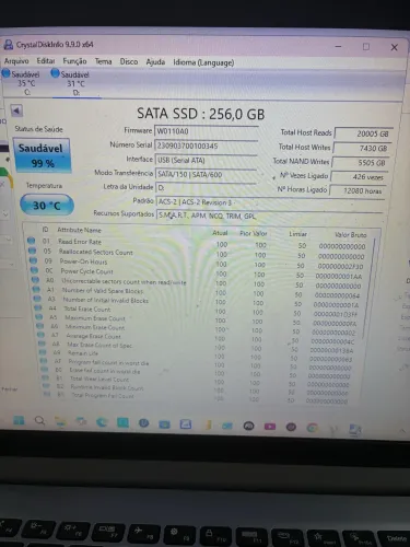 SSD 256GB SATA III 2.5? TLC - 99% de Saúde | Perfeito Estado 