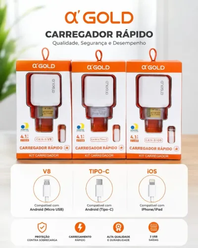 CARREGADOR RÁPIDO ?'GOLD - Tipo C, Iphone e V8 | 2 USB