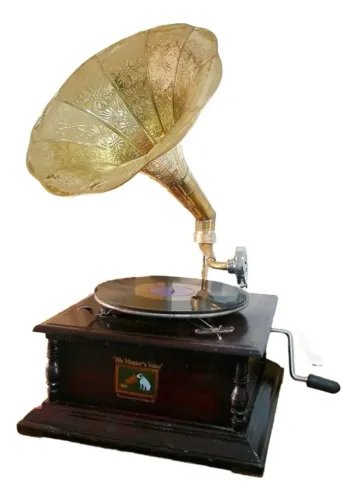 Gramofone Antigo a Corda + Discos + Agulhas Funcionando