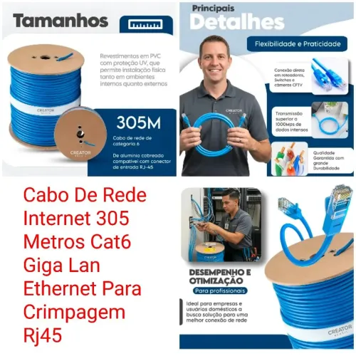 Cabo De Rede Internet 305 Metros Cat6 Giga Lan Ethernet Para Crimpagem Rj45