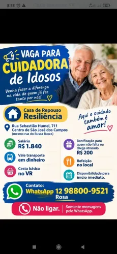 Vaga para cuidadora de idosos diurno 12x 36