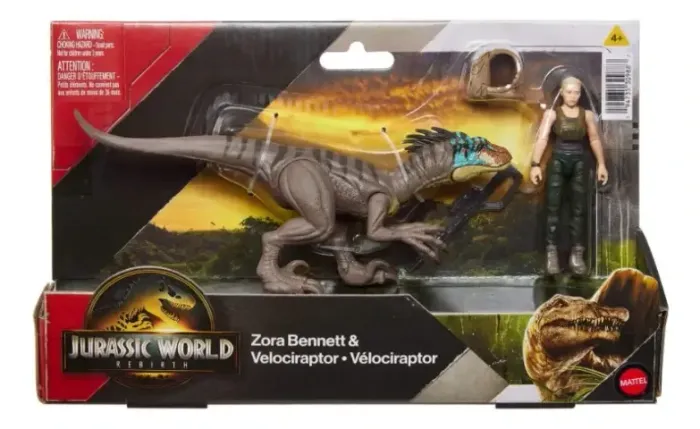 Jurassic World Rebirth Conjunto Zora Bennet E Velociraptor Bonecos