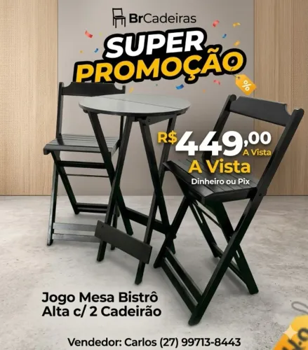 Jogo Mesa Bistrô Alta De Madeira Com 2 Cadeirão Dobráveis