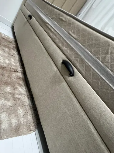 Cama box baú no linho com cabeceira e colchão, TAM solteirão 0.96x2.03