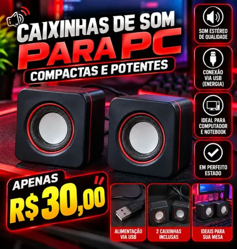 Par de Caixinhas de Som para PC com Detalhes Vermelhos