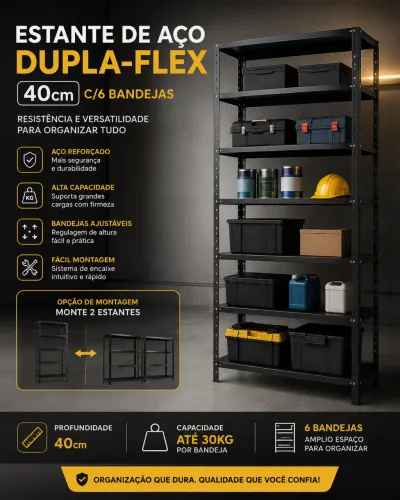 Crie uma imagem para anúncio na OLX Estante de Aço Dupla-Flex 40cm C/6 Bandejas