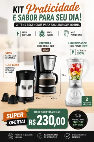 Espremedor, liquidificador e cafeteira