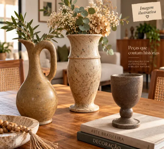 Kit 3 peças decorativas em pedra-sabão - jarra, vaso e taça - vintage