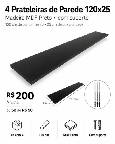 Conjunto de Prateleiras Leroy Merlin Pretas 120cm - 4 Prateleiras