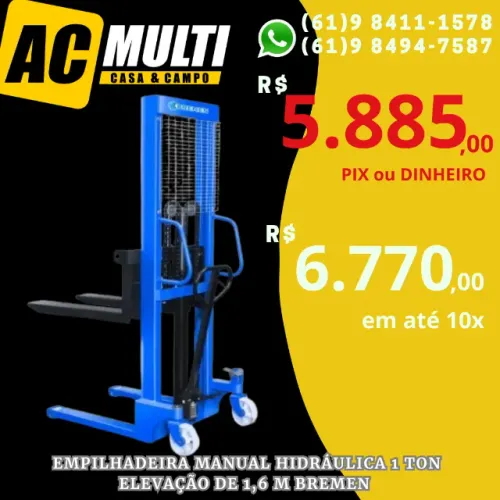 Empilhadeira Manual Hidráulica 1 TON Elevação de 1,6 m BREMEN