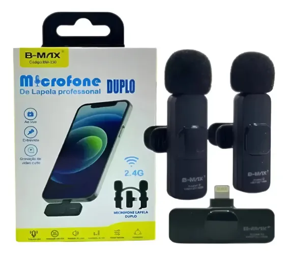 Microfone Duplo Lapela B-Max BM 230 Sem Fio Condensador Preto iOS Tipo C 