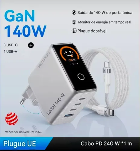 Carregador Vention Dash Pro 140W GaN 5.0<br><br>Display Inteligente