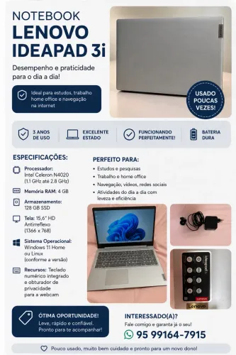 Notebook Lenovo IDEA PAD 3I CELER 128gb
