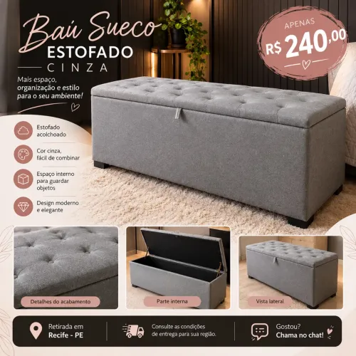 Baú Sueco Estofado Cinza - R$ 240,00 ?