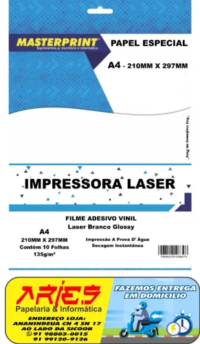 FILME ADESIVO VINIL LASER BRANCO GLOSSY A4 10 FOLHAS 135G MASTERPRINT