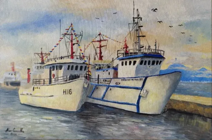 Quadro pintado à mão - Navios no Cais