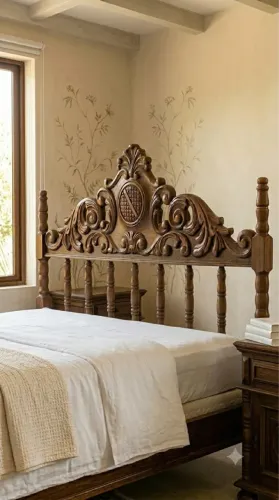 Cabeceira e Cama de Casal Estilo Clássico em Madeira Maciça 