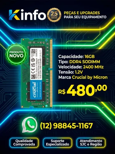 Memória DDR4 16 GB Crucial 2400 MHz